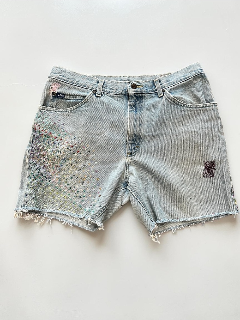 Reworked cut off denim Lee hand stitched Embroidered Denim Shorts